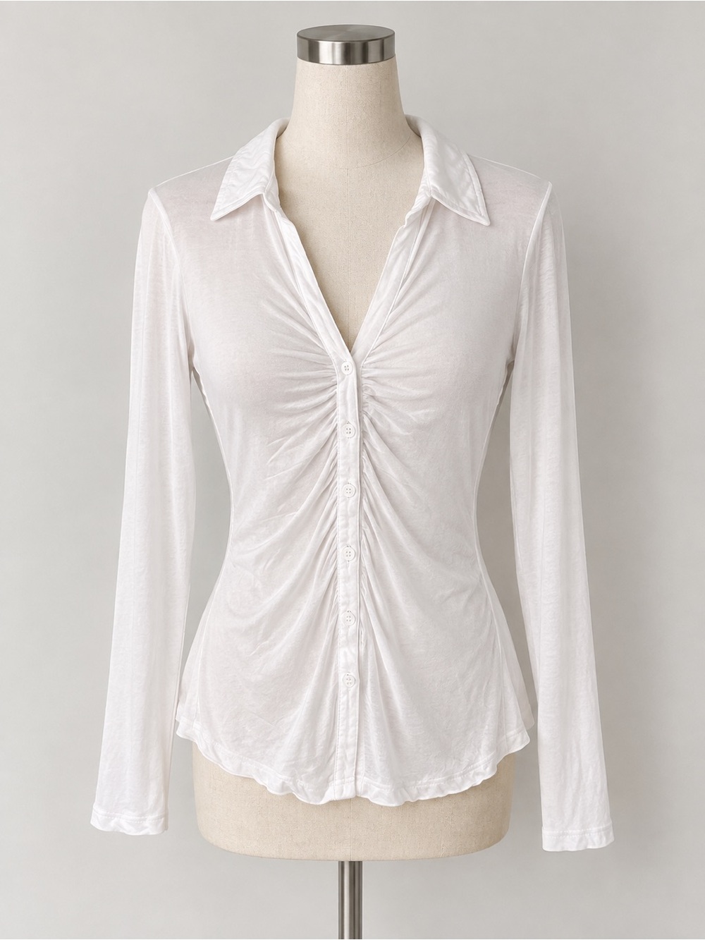 Sanctuary White Ruched Button-Down Collared Top